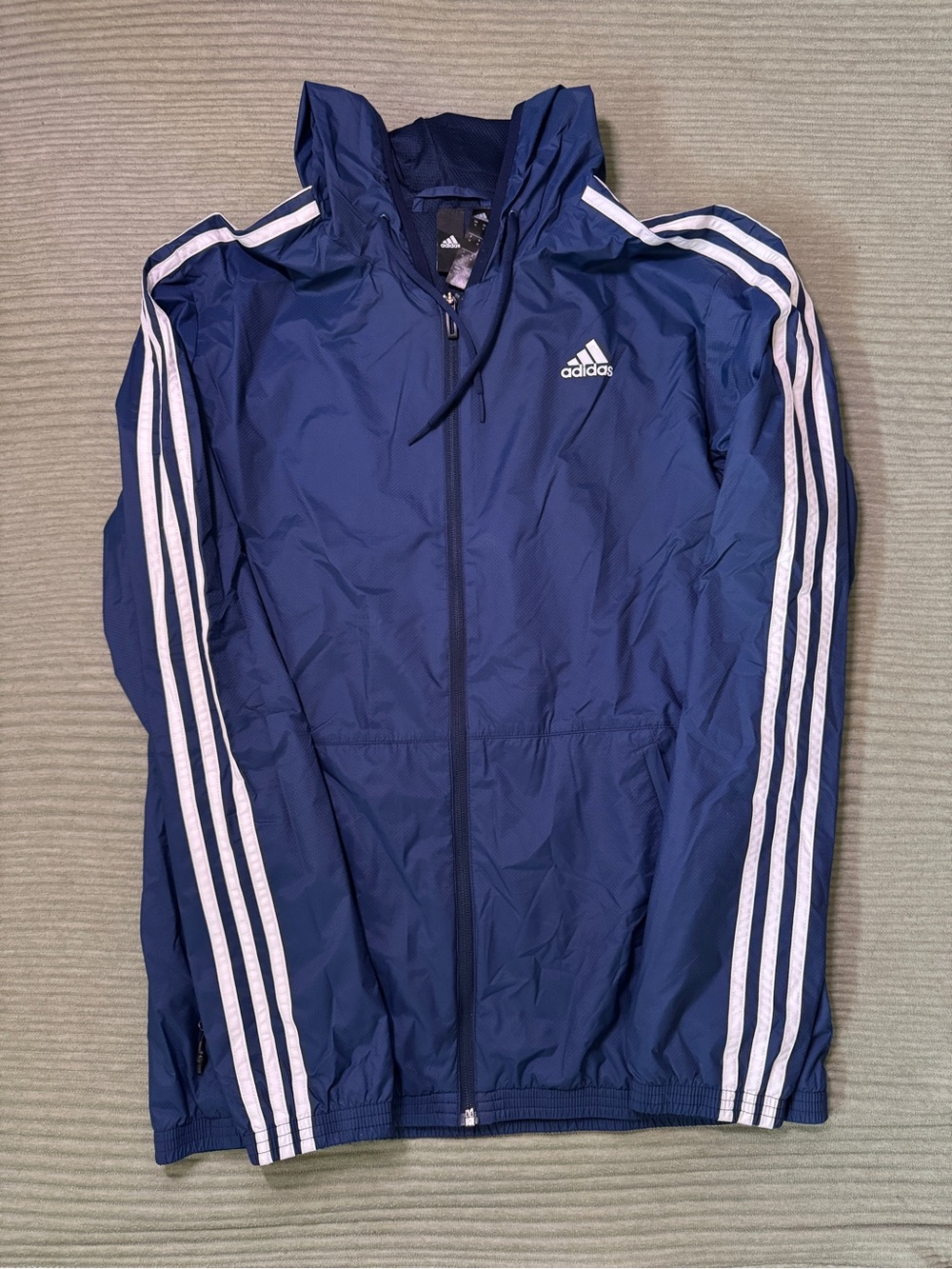 Adidas Navy Blue Hooded Windbreaker with White Stripes